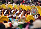 Feb. 13, 2017 -- Lamas play music for the performance of religious dance to pray for a good year at Labrang Monastery in Xiahe county, Northwest China`s Gansu province, Feb 10, 2017. Labrang Monastery is one of six prestigious temples of the Gelug Sect of Tibetan Buddhism. [Photo/Xinhua]