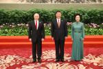 May 15, 2017 -- President Xi Jinping and his wife Peng Liyuan welcome Russian President Vladimir Putin before a banquet for the Belt and Road Forum for International Cooperation in Beijing, May 14, 2017. (Photo/Xinhua)