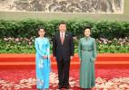 May 15, 2017 -- Chinese President Xi Jinping and his wife Peng Liyuan welcome Myanmar State Counselor Aung San Suu Kyi before a banquet for the Belt and Road Forum (BRF) for International Cooperation in Beijing, capital of China, May 14, 2017. (Xinhua/Yao Dawei)