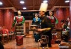Nov. 28, 2017 -- Performers sing and dance during a live show in Po Ba Tsang restaurant in Lhasa, capital of southwest China`s Tibet Autonomous Region, Nov. 26, 2017. The restaurant`s name, Po Ba Tsang, means Tibetan home. In recent years, restaurants like Po Ba Tsang, which are featured with ethnic and cultural elements, become popular in Lhasa. (Xinhua/Chogo)