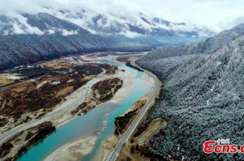 Marvelous aerial scenery over highland highway in Tibet