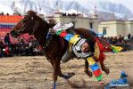 Feb.27,2018--A player performs on horseback in an equestrian event in Jiangjiao Village of Lhasa, capital of southwest China`s Tibet Autonomous Region, Feb. 25, 2018. (Xinhua/Chogo)