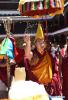 July 30,2018--The 11th Panchen Lama Bainqen Erdini Qoigyijabu receives an offering of the `Qiema`, a rectangular wooden box containing roasted barley and fried wheat grain which carries auspicious meanings, upon his return to Tashilumpo Monastery in Xigaze, southwest China`s Tibet Autonomous Region, July 27, 2018. The Panchen Lama returned to Tashilumpo Monastery in Xigaze on Friday after a series of Buddhist and social activities in Lhasa. (Xinhua/Chogo)