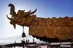 Dec. 17, 2018 -- Photo taken on Nov. 7, 2018 shows a roof decoration of the Potala Palace in Lhasa, capital of southwest China`s Tibet Autonomous Region. The golden roofs of the Potala Palace shine in glory after more than 18 months of renovation work. The 1,300-year-old palace has seven golden peaks on the main building. Before the repairs, parts of the gold plating were damaged from long-term exposure to wind, sun and rain. During the repair, workers also improved the safety of the roof`s wooden structure and the palace`s affiliated buildings. Potala Palace was built by Tibetan King Songtsa Gambo in the seventh century and was expanded in the 17th century. It received 1.45 million tourists in 2017. The palace was included on the UNESCO World Heritage List in 1994. (Xinhua/Purbu Zhaxi)