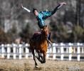 Feb. 9, 2019 -- A woman demonstrates equestrian skills during an event held to celebrate Tibetan New Year in Lhasa, capital of southwest China`s Tibet Autonomous Region, Feb. 7, 2019. (Xinhua/Purbu Zhaxi)