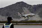 Apr. 11, 2019 -- A plane making the first inbound flight from Jinan to Lhasa lands at Gonggar Airport in Lhasa, capital of southwest China`s Tibet Autonomous Region, April 9, 2019. Tibet Airlines launched a new air route connecting Lhasa, the autonomous region`s capital, with Helsinki, by way of the city of Jinan in east China`s Shandong Province. (Xinhua/Zhang Rufeng)