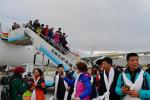 Apr. 11, 2019 -- Passengers onboard the first inbound flight from Jinan to Lhasa disembark from the plane at Gonggar Airport in Lhasa, capital of southwest China`s Tibet Autonomous Region, April 9, 2019. Tibet Airlines launched a new air route connecting Lhasa, the autonomous region`s capital, with Helsinki, by way of the city of Jinan in east China`s Shandong Province. (Xinhua/Zhang Rufeng)