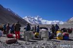 May 14, 2019 -- Goods and materials are to be transported to the camps at higher altitude for the climbers on the northern face of Mount Qomolangma in southwest China`s Tibet Autonomous Region, April 25, 2019. Every year, for a few weeks, hundreds of climbers and supporting personnel come to the base camp of the northern face of Mount Qomolangma, trying to reach the summit of the tallest and most famous mountain in the world. Before starting climbing, they need to hike several times between elevations from 5,000 meters to 7,000 meters, giving their bodies some time to adapt. When this process is over, it`s all up to the weather. The base camp is a popular place to wait for the window. Among the six camps on the northern face, the base camp at an altitude of 5,200 meters is the furthest cars can reach and therefor the most equipped. Besides food and accommodation, climbers can also enjoy tea and massage. They can also play football on perhaps the highest field. There`s even a simple gym in the camp. Environmental protection is a priority here. Garbage sacks are given to each climbing team. Special containers are put in every camp to collect trash and sewage. The collected trash must be treated 100 kilometers away, and the only road is a zigzagging track. It is not trucks, but yaks that are generally used to make the journey. Actually yaks are vital on the mountain. Beyond the base camp, yak is the only reliable transport. (Xinhua/Sun Fei)