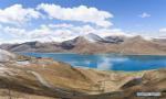 May 28, 2019 -- Photo taken on May 24, 2019 shows the scenery of the Yamzbog Yumco Lake in Nagarze County of Shannan, southwest China`s Tibet Autonomous Region. The Yamzbog Yumco Lake is regarded as one of the three largest sacred lakes in Tibet. (Xinhua/Jigme Dorje)