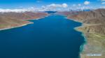 May 28, 2019 -- Aerial photo taken on May 24, 2019 shows the scenery of the Yamzbog Yumco Lake in Nagarze County of Shannan, southwest China`s Tibet Autonomous Region. The Yamzbog Yumco Lake is regarded as one of the three largest sacred lakes in Tibet. (Xinhua/Purbu Zhaxi)
