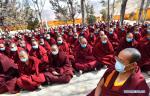 Feb.7,2020 -- Monks attend a prayer service for blessing at the Gandan Temple in Lhasa, capital of southwest China`s Tibet Autonomous Region, Feb. 5, 2020. Tibetan Buddhist temples held prayer services to support novel coronavirus-infected areas in China. The monks here were also organized to donate money to help fight against the epidemic. (Xinhua/Chogo)