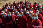 Feb.7,2020 -- Monks attend a prayer service for blessing at the Gandan Temple in Lhasa, capital of southwest China`s Tibet Autonomous Region, Feb. 5, 2020. Tibetan Buddhist temples held prayer services to support novel coronavirus-infected areas in China. The monks here were also organized to donate money to help fight against the epidemic. (Xinhua/Chogo)