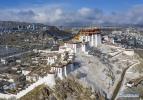 April 9,2020 -- Aerial photo taken on April 5, 2020 shows the Potala Palace after a snowfall in Lhasa, southwest China`s Tibet Autonomous Region. A snowfall hit the city on Sunday. (Xinhua/Purbu Zhaxi)