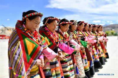 Local residents perform Guge Xuan Dance in Zanda County of Ali Prefecture, Tibet