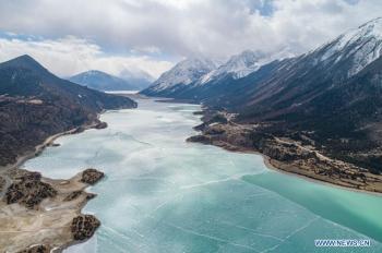 Aerial view of ice-covered Ra’og Lake in Qamdo, Tibet