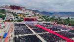 Aug.20,2021 -- A grand gathering is held to celebrate the 70th anniversary of the peaceful liberation of Tibet at the Potala Palace square in Lhasa, southwest China`s Tibet Autonomous Region, Aug. 19, 2021. More than 20,000 people from various ethnic groups attended the event held in Lhasa. (Xinhua/Sun Ruibo)