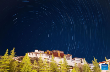 Star trails over Potala Palace in Lhasa, Tibet
