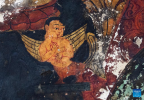 This photo taken on May 26, 2023 shows part of a mural in a grotto in Zanda County of Ngari Prefecture, southwest China`s Tibet Autonomous Region. 