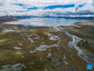 This aerial photo taken on July 4, 2023 shows a view of the wetland by the Puma Yumco Lake in Nagarze County of Shannan, southwest China`s Tibet Autonomous Region. (Xinhua/Sun Fei)