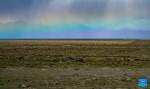 This photo taken on July 4, 2023 shows a rainbow near the Puma Yumco Lake in Nagarze County of Shannan, southwest China`s Tibet Autonomous Region. (Xinhua/Sun Fei)