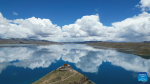 This aerial photo taken on July 22, 2023 shows the Rituo Temple on the north shore of Yumzhog Yumco Lake in southwest China`s Tibet Autonomous Region. (Xinhua/Nie Yi)
