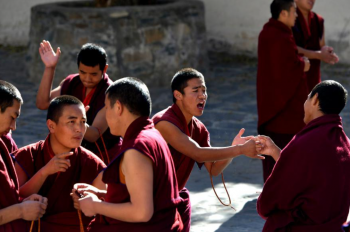 Monks debate at Tashilhunpo Monastery in Tibet