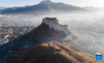An aerial drone photo taken on Jan. 14, 2024 shows the morning view of Sangzhuzi District in Xigaze, southwest China`s Xizang Autonomous Region.  Following the tradition, people here went early in the morning to hang new prayer flags on top of mountains and their house roofs to celebrate New Year under the Tibetan calendar and pray for a good year. (Photo by Tenzin Nyida/Xinhua)