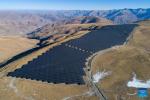 An aerial drone photo taken on Jan. 15, 2024 shows part of Cerbong photovoltaic power station in Shannan City, southwest China`s Xizang Autonomous Region. Located in Nedong district of Shannan City on the Qinghai-Tibet Plateau, Cerbong photovoltaic power station is currently the highest-altitude of its kind in the world. The project started to upload electricity to the power grid on Dec. 30, 2023. (Xinhua/Tenzing Nima Qadhup)