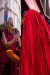 A monk (R) receives a certificate for the degree of Geshe Lharampa in the Jokhang Temple in Lhasa, capital of southwest China`s Xizang Autonomous Region, Feb. 28, 2024. (Xinhua/Tenzing Nima Qadhup)