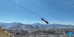 An aerial photo taken on March 12, 2024 shows villagers of the Donggar community transferring saplings by cableway in Lhasa, southwest China`s Xizang Autonomous Region, March 12, 2024.(Xinhua/Tenzin Nyida)