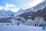 Tourists go sightseeing at the foot of an glacier in Qamdo, southwest China`s Xizang Autonomous Region, March 28, 2024. (Xinhua/Chen Shangcai)