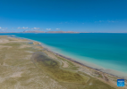 An aerial drone photo taken on June 22, 2024 shows the scenery of Serling Tso Lake in southwest China`s Xizang Autonomous Region.(Xinhua/Tenzin Nyida)